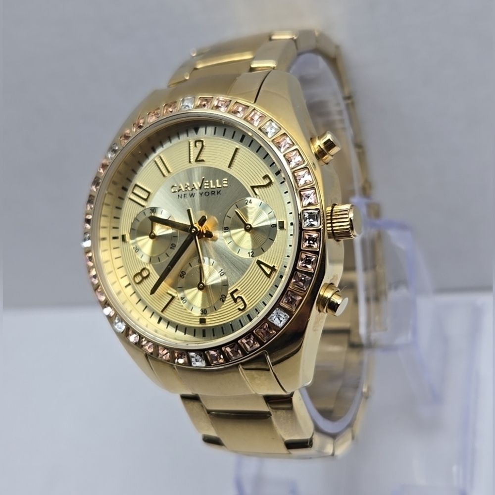 Caravelle New York Gold Tone Chronograph Women’s Quartz Watch Crystal Bezel - Picture 2 of 10